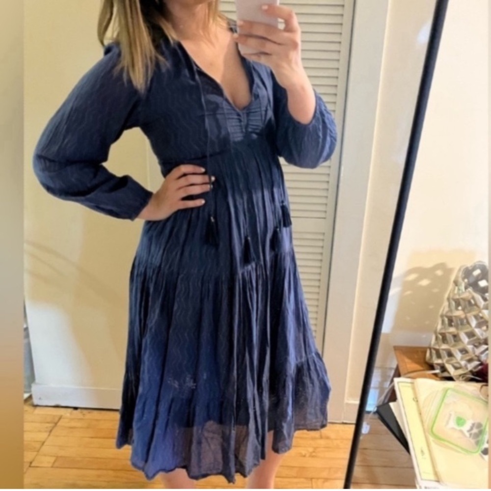 Oliphant Tiered Navy Blue Bronze Bohemian Long Sleeve Summer Dress Size Small